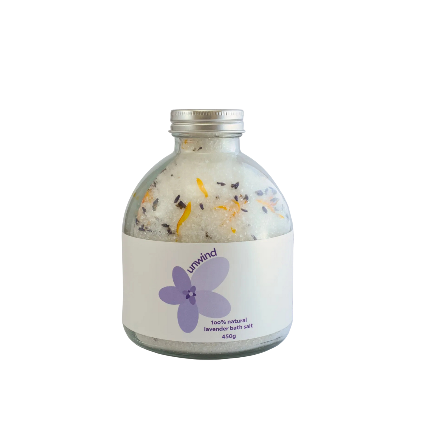 Bottle of Unwind lavender bath salts on a white background
